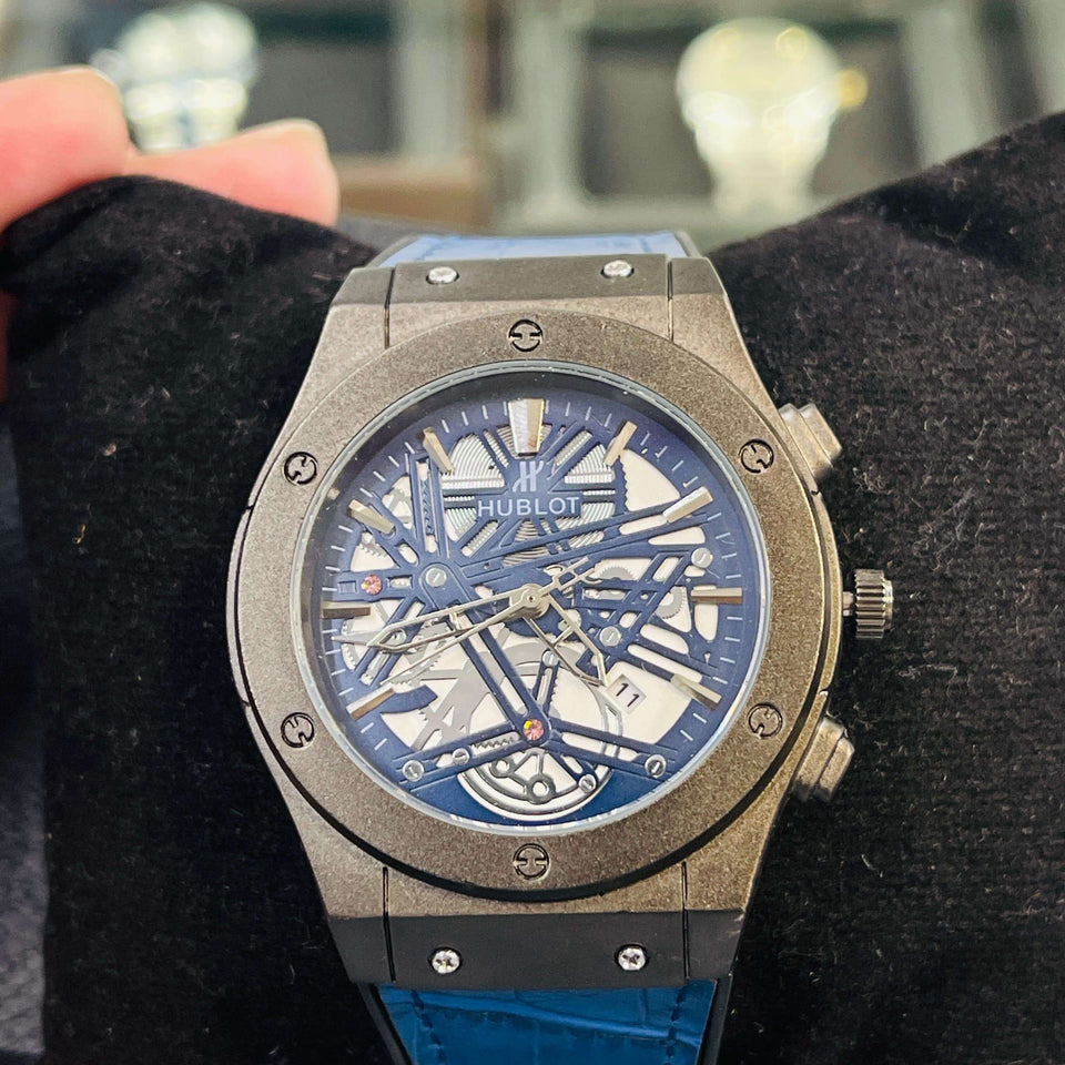 Premium Blue Skeleton Leather Strap Watch – Luxury Stainless Steel Design