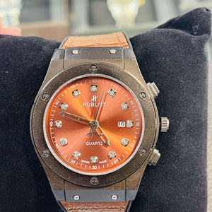 Premium Orange Dial Quartz Watch with Brown Leather Strap