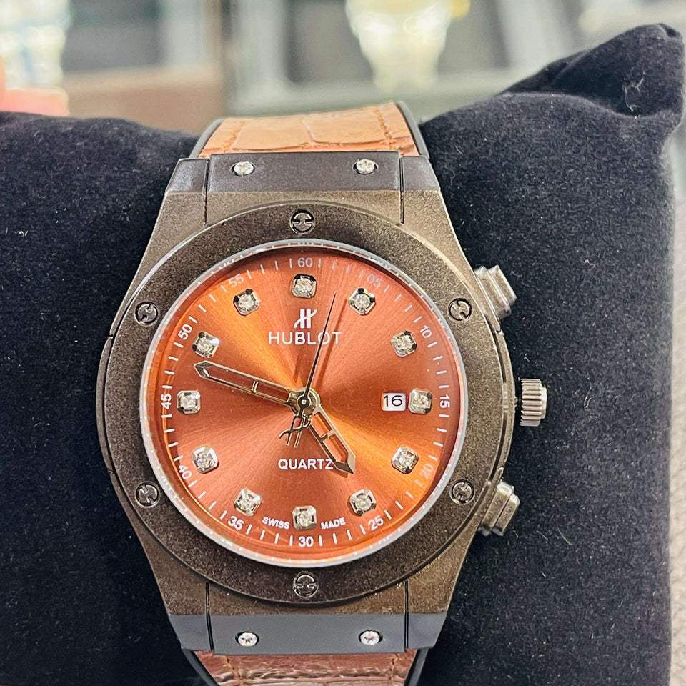 Premium Orange Dial Quartz Watch with Brown Leather Strap