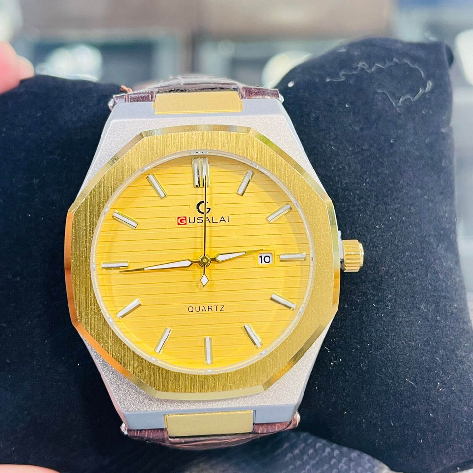 GUSALAI Golden Dial Premium Leather Strap Watch