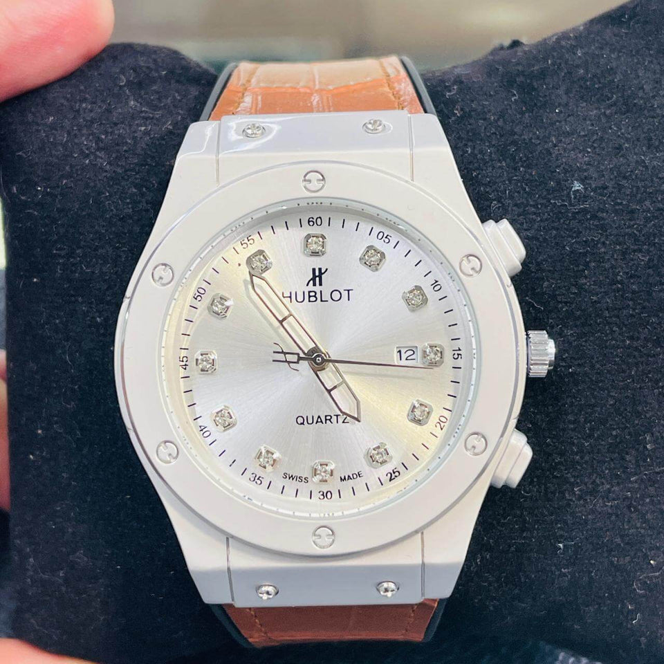 Luxury White Dial Watch with Brick Textured Strap – Box Packed