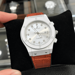 Luxury White Dial Watch with Brick Textured Strap – Box Packed