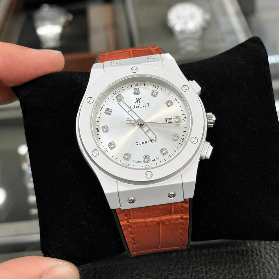 Luxury White Dial Watch with Brick Textured Strap – Box Packed