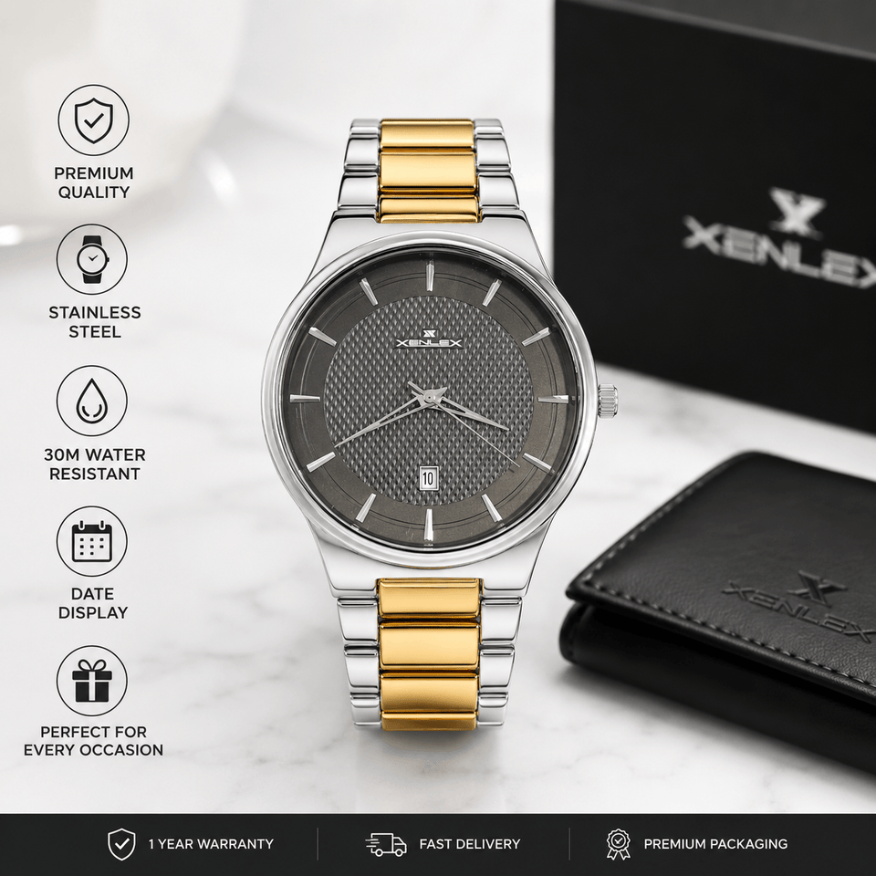 XENLEX Premium Two-Tone Stainless Steel Men's Watch – Gray Textured Dial
