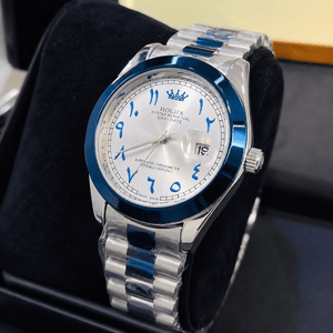 Rolux Blue Bezel Day-Date Luxury Watch – Silver Stainless Steel