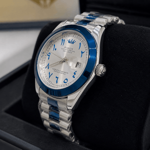 Rolux Blue Bezel Day-Date Luxury Watch – Silver Stainless Steel