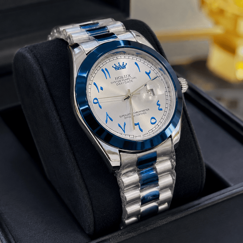 Rolux Blue Bezel Day-Date Luxury Watch – Silver Stainless Steel