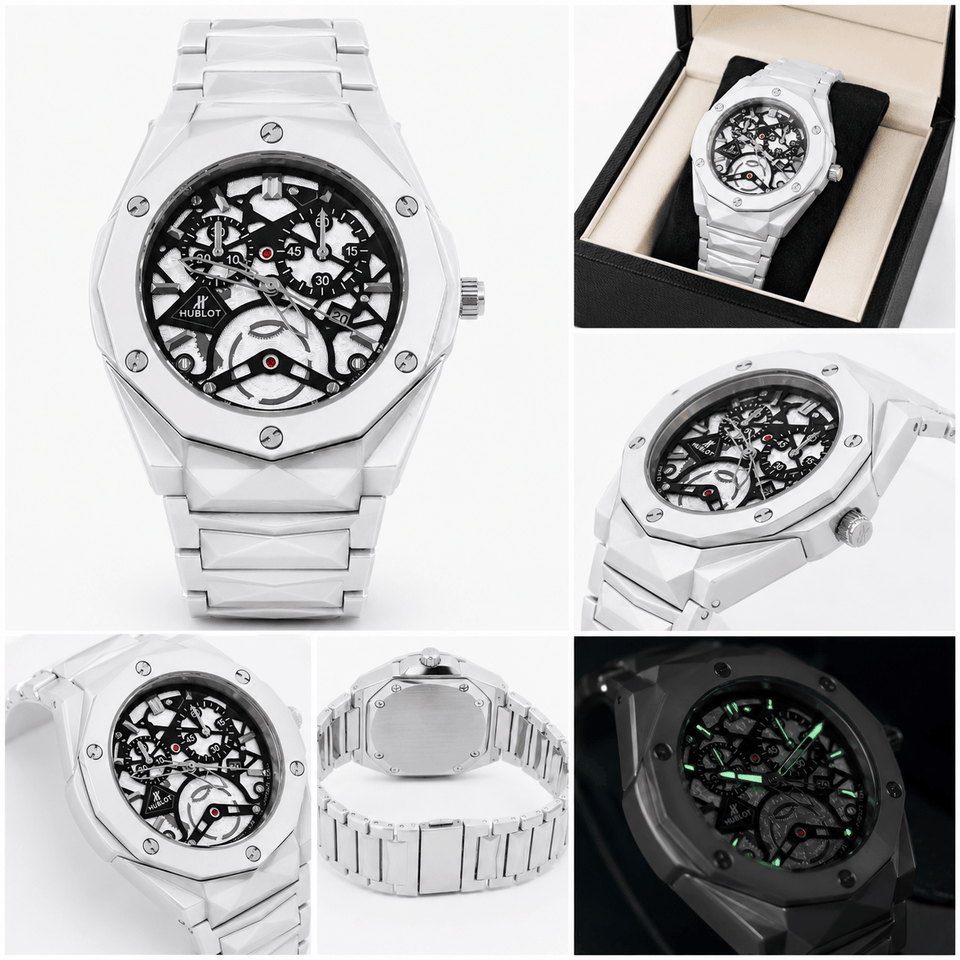 Imperium Skeleton Silver Watch – Luxury Octagonal Stainless Steel Timepiece