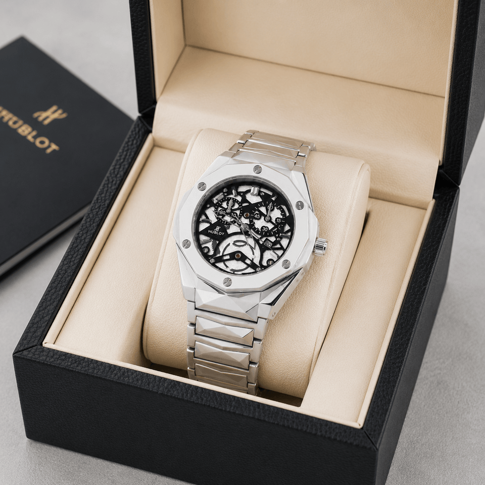 Imperium Skeleton Silver Watch – Luxury Octagonal Stainless Steel Timepiece