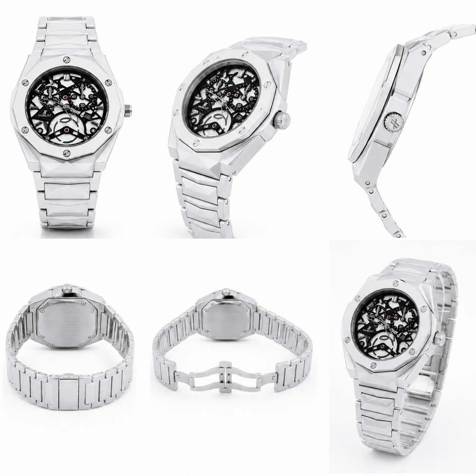 Imperium Skeleton Silver Watch – Luxury Octagonal Stainless Steel Timepiece