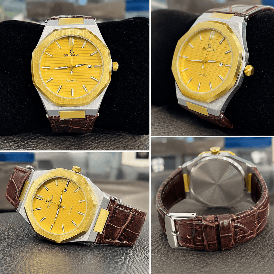 GUSALAI Golden Dial Premium Leather Strap Watch