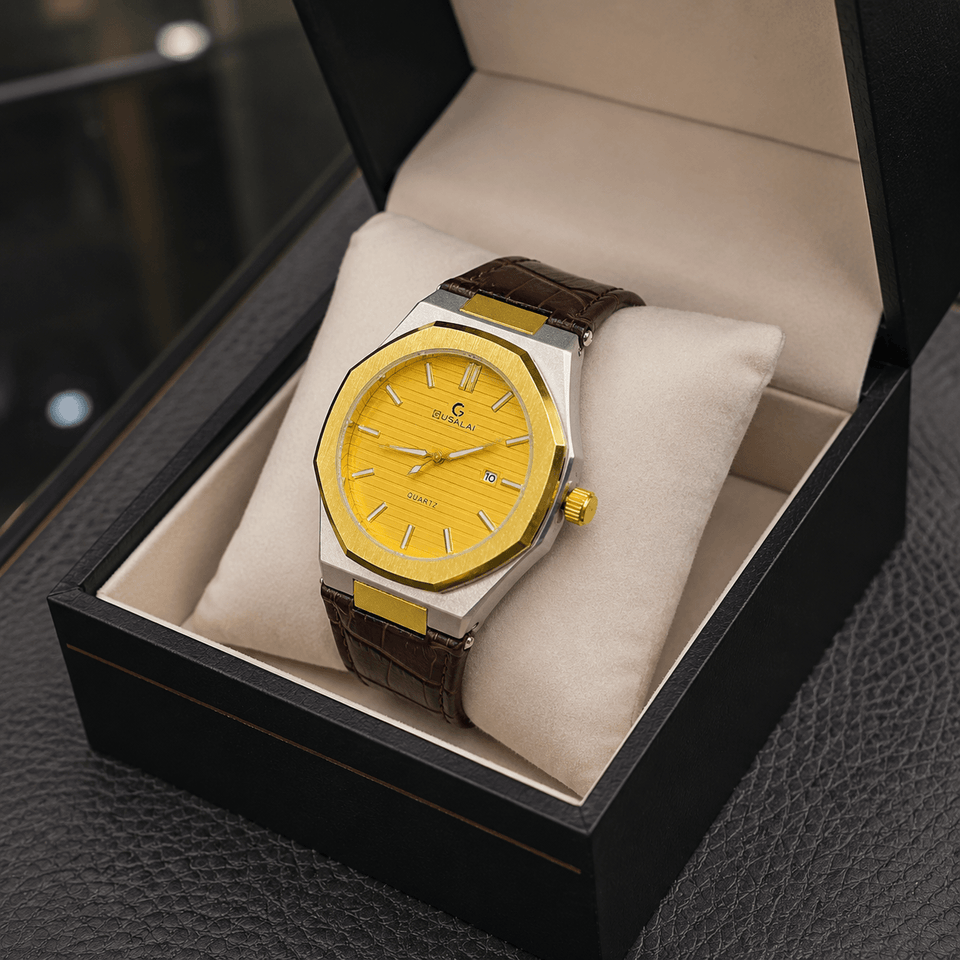GUSALAI Golden Dial Premium Leather Strap Watch