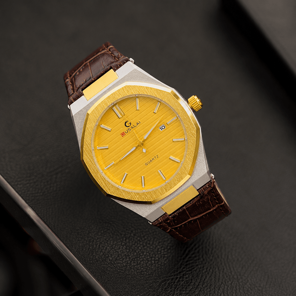 GUSALAI Golden Dial Premium Leather Strap Watch