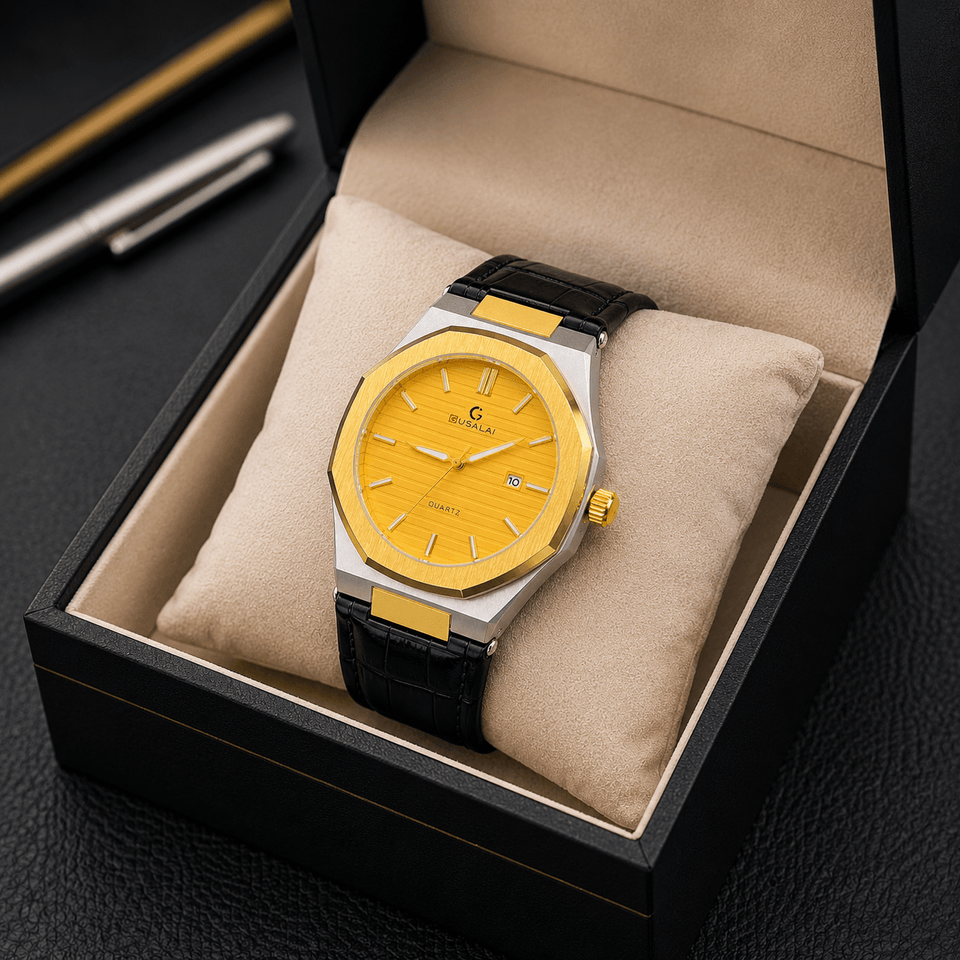GUSALAI Black Leather Strap Luxury Watch – Golden Dial Edition