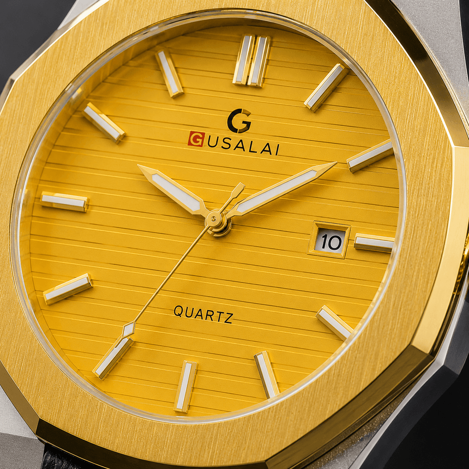 GUSALAI Black Leather Strap Luxury Watch – Golden Dial Edition