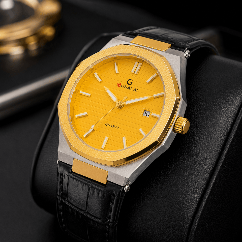 GUSALAI Black Leather Strap Luxury Watch – Golden Dial Edition