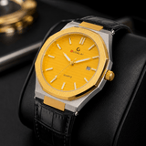 GUSALAI Black Leather Strap Luxury Watch – Golden Dial Edition