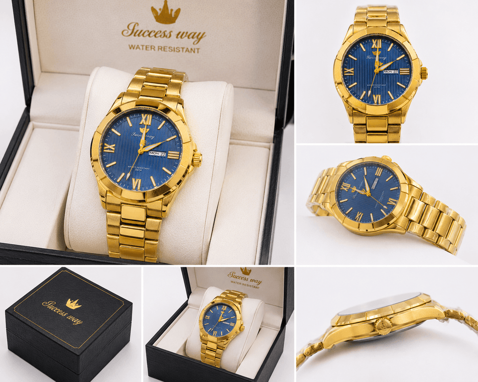 Success Way Gold Blue Dial Luxury Watch – Premium Stainless Steel Men's Watch