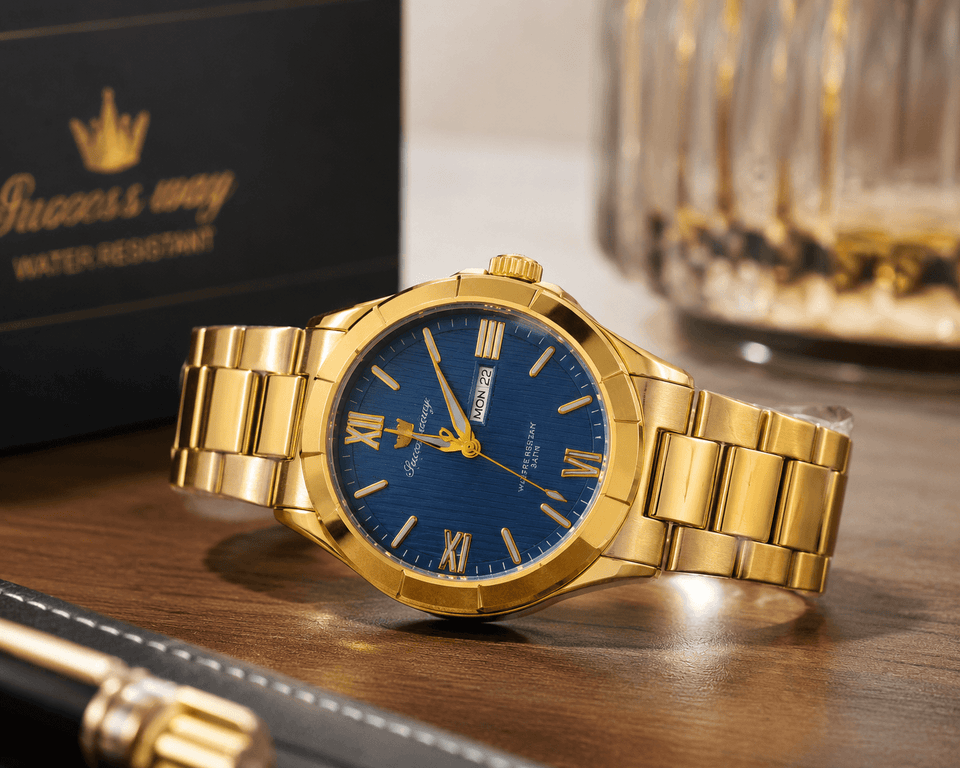 Success Way Gold Blue Dial Luxury Watch – Premium Stainless Steel Men's Watch