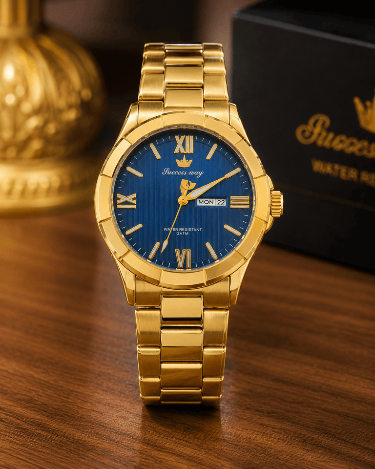 Success Way Gold Blue Dial Luxury Watch – Premium Stainless Steel Men's Watch