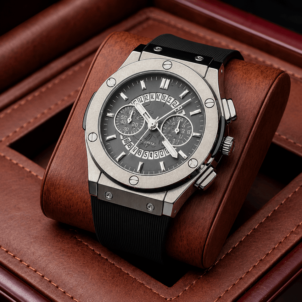 ALMIRE Elite Chronograph Luxury Watch – Silver Steel & Black Rubber Strap