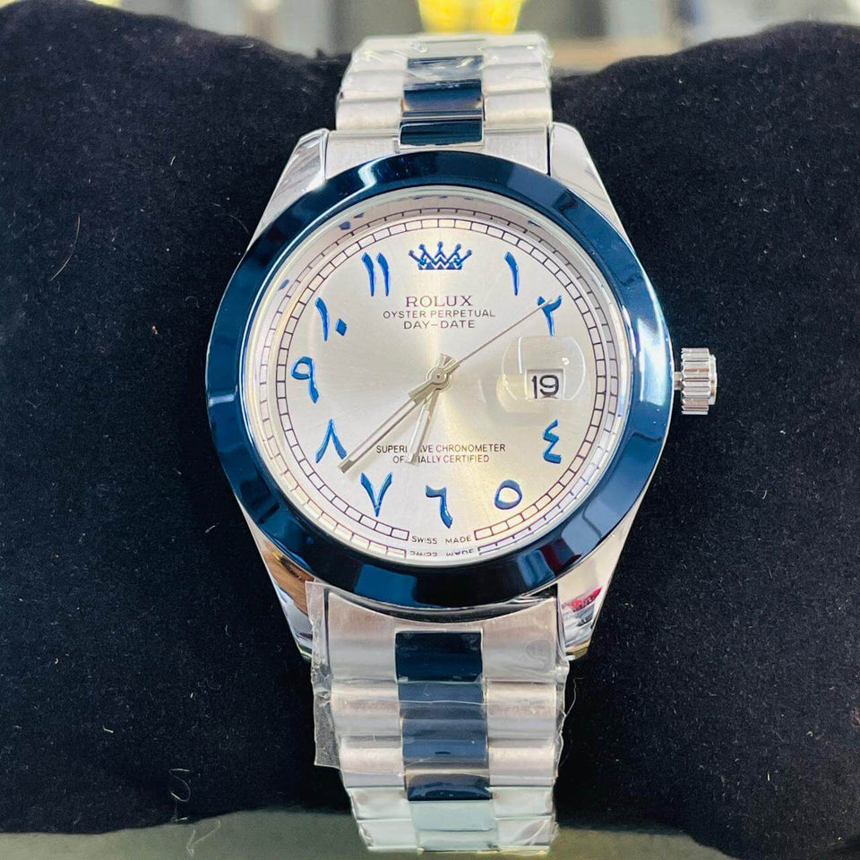 Rolux Blue Bezel Day-Date Luxury Watch – Silver Stainless Steel