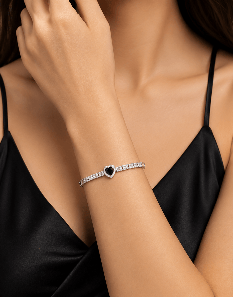 Black Heart Crystal Tennis Bracelet – Elegant Silver Tone Women's Bracelet