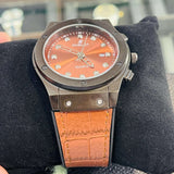 Premium Orange Dial Quartz Watch with Brown Leather Strap