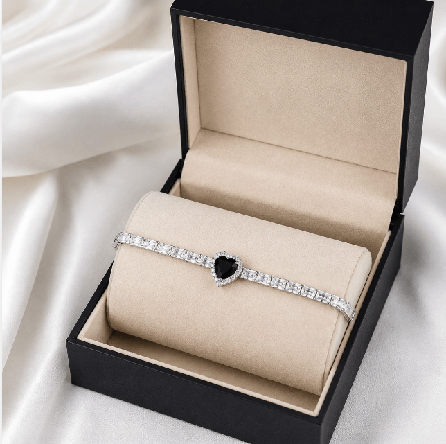 Black Heart Crystal Tennis Bracelet – Elegant Silver Tone Women's Bracelet