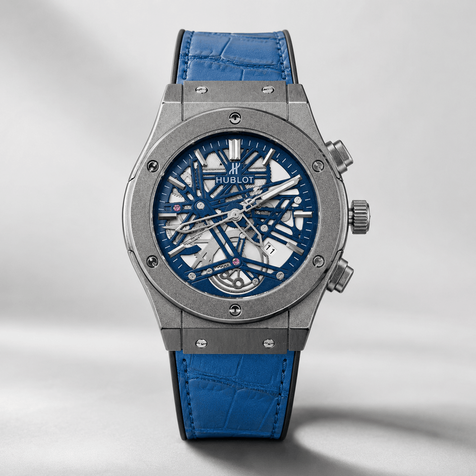 Premium Blue Skeleton Leather Strap Watch – Luxury Stainless Steel Design