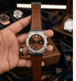 White Case Orange Dial Quartz Watch with Brown Leather Strap