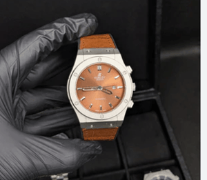 White Case Orange Dial Quartz Watch with Brown Leather Strap