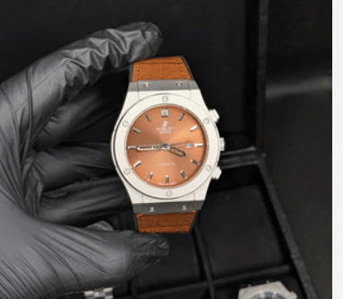 White Case Orange Dial Quartz Watch with Brown Leather Strap