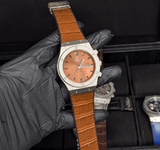 White Case Orange Dial Quartz Watch with Brown Leather Strap