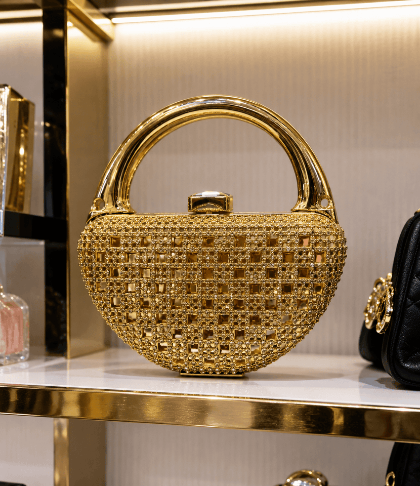 Luxury Crystal Half-Moon Gold Clutch Bag