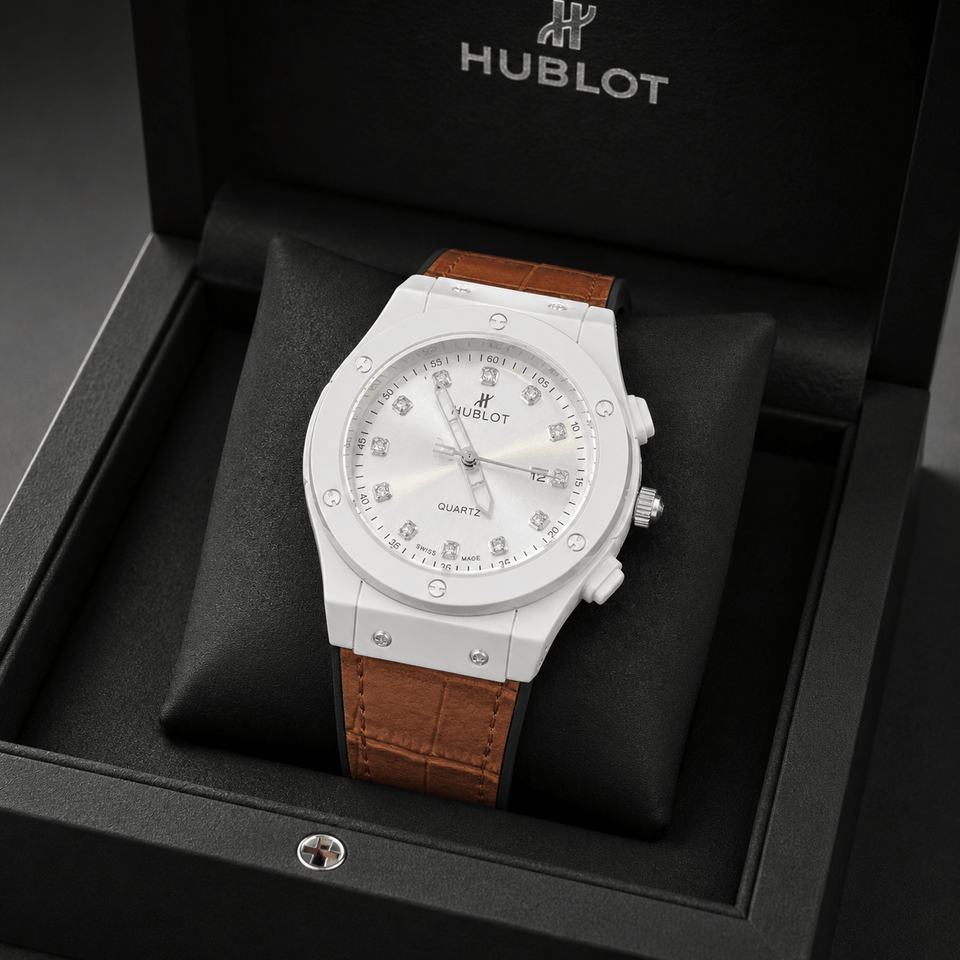 Luxury White Dial Watch with Brick Textured Strap – Box Packed