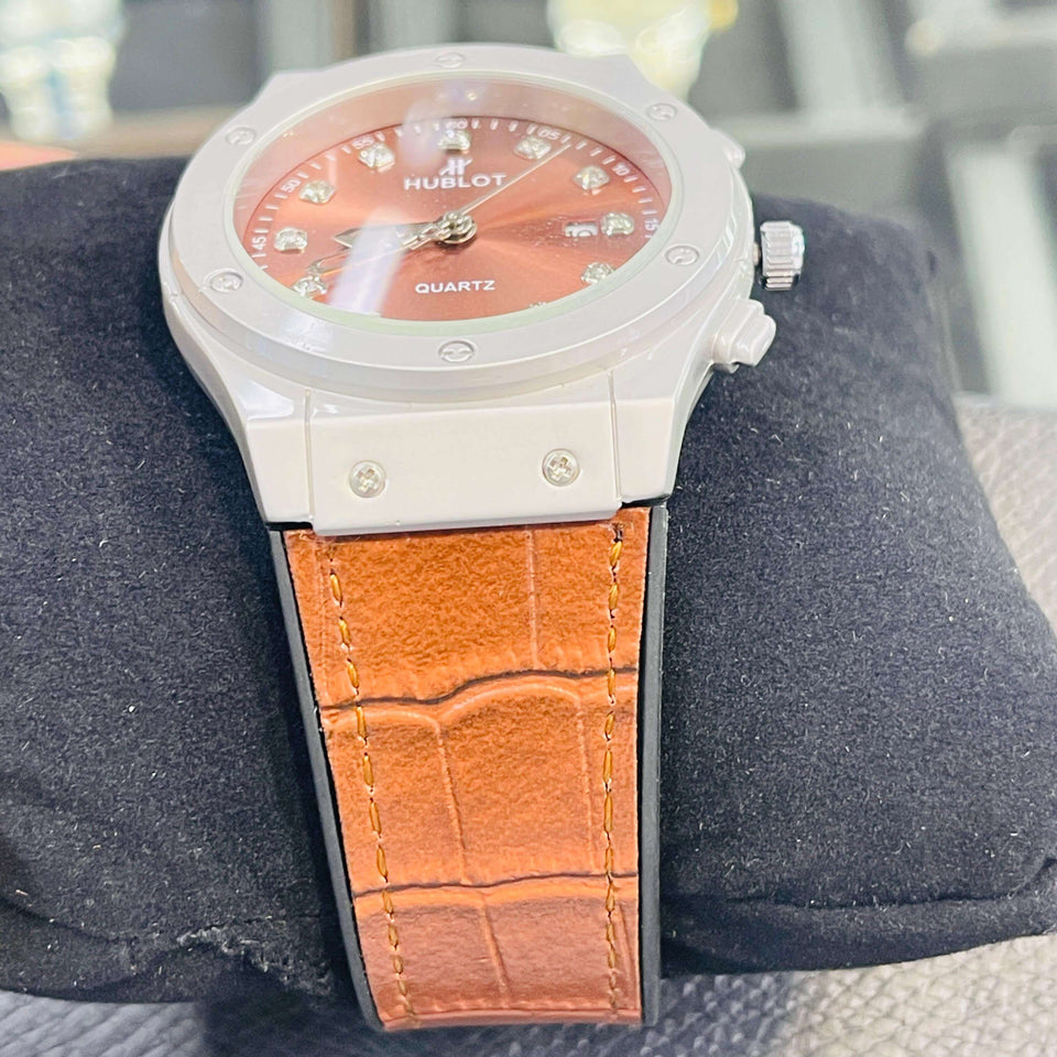 White Case Orange Dial Quartz Watch with Brown Leather Strap